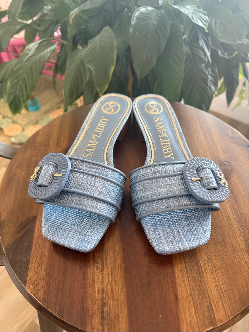 Sam & Libby Light Blue Woven Slide Sandals with Buckle Detail